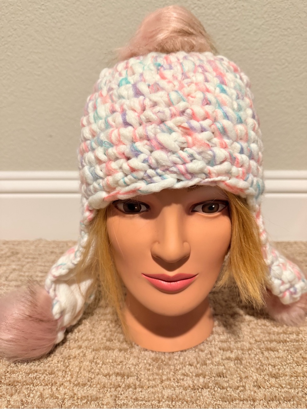 The Children's Place Pastel Multicolor Knit Earflap Hat with Pink Pom